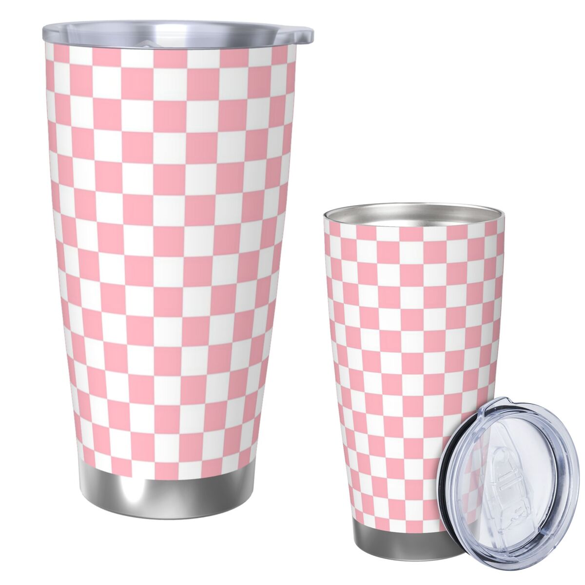 Tumbler 20Oz White - الوردي الأبيض الشطرنج نمط الفولاذ المقاوم
